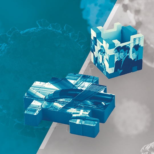 A blue and white cube with a picture of a coronavirus.