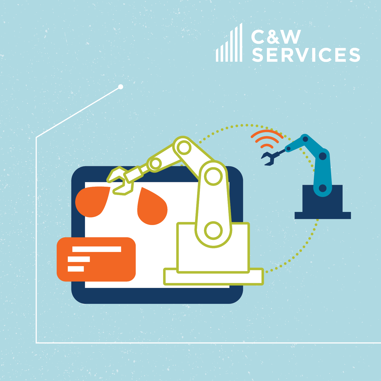 An illustration of a robot with the words cw services.