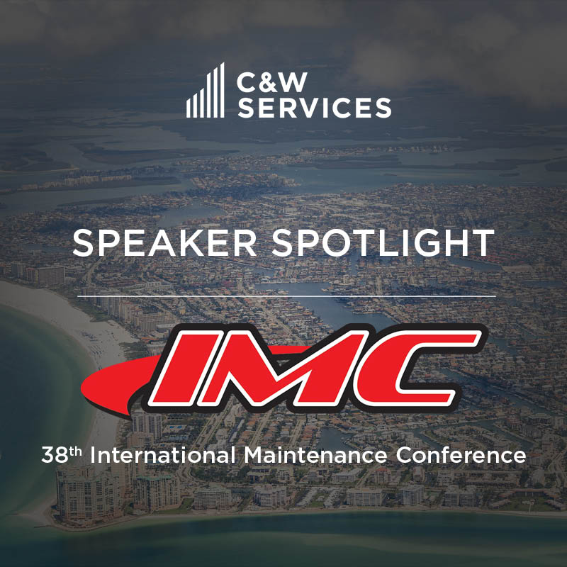 C&W Services Speaker Spotlight for the 38th International Maintenance Conference (IMC) with a city aerial view background.