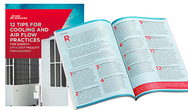A brochure titled "12 Tips for Cooling and Air Flow Practices" with an open page displaying numbered tips and text, set against a background of air conditioning units.