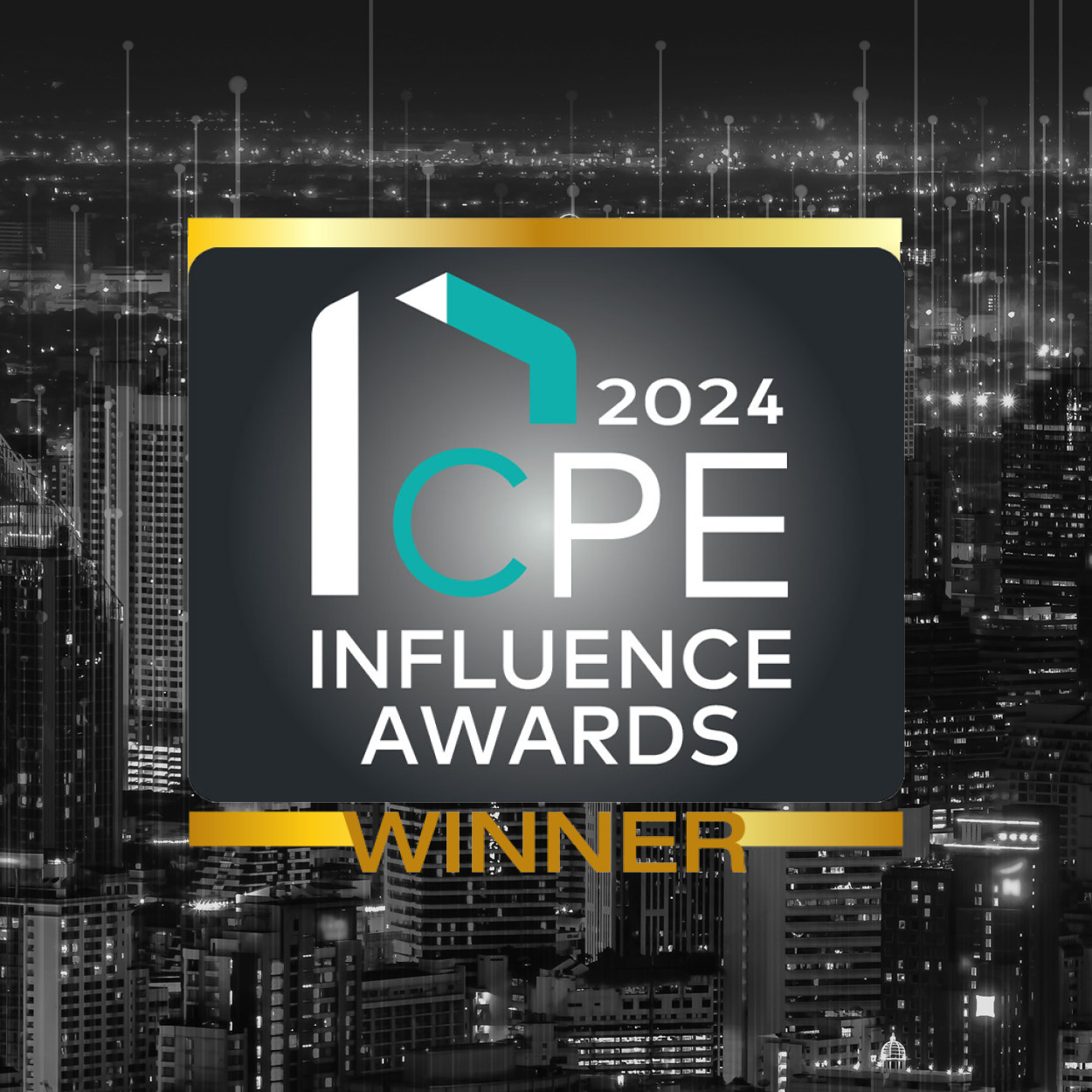 CPE Influence Awards 2024 Winner logo over a cityscape background.
