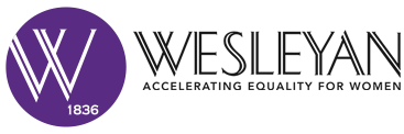 Purple circle with a white "W" and "1836" inside, next to the text "Wesleyan University" in black.