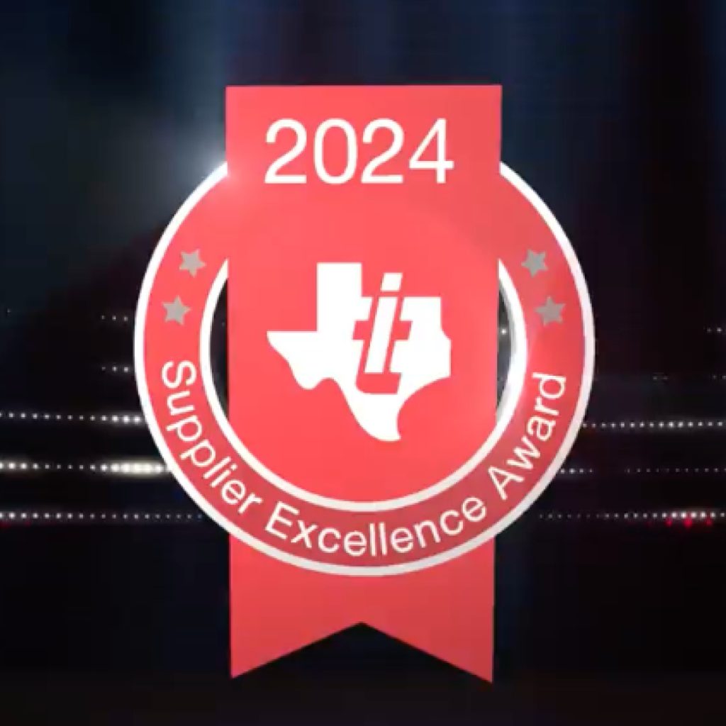 Red badge with "2024 Supplier Excellence Award" text and Texas Instruments logo in the center, against a dark background with light streaks.