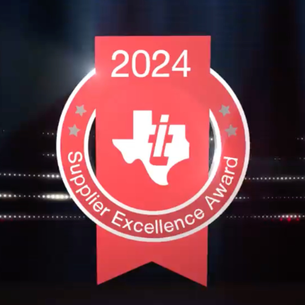 Red badge with "2024 Supplier Excellence Award" text and Texas Instruments logo in the center, against a dark background with light streaks.
